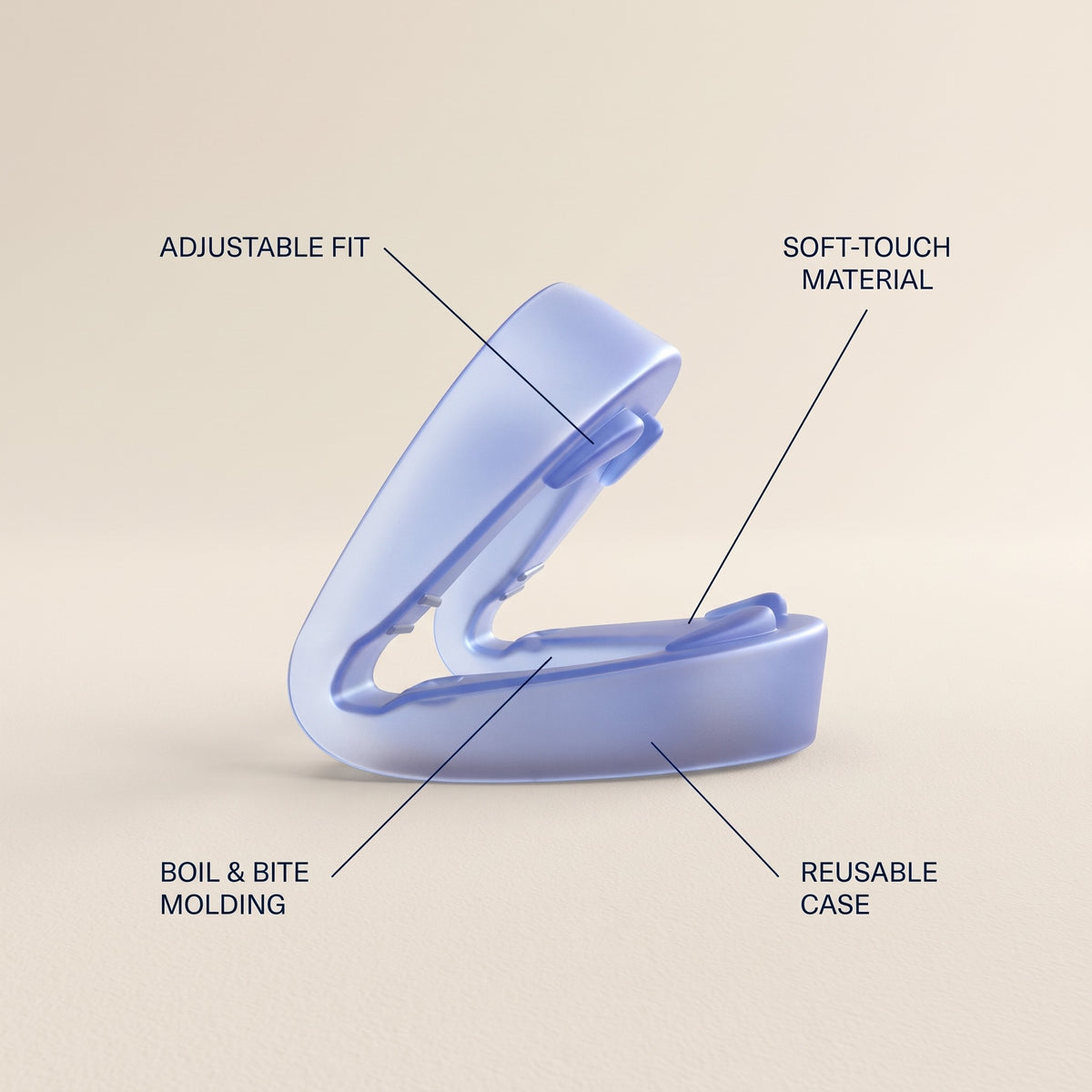 Sleepsound mouthpiece features: adjustable fit, soft-touch material, boil-and-bite molding and reusable case