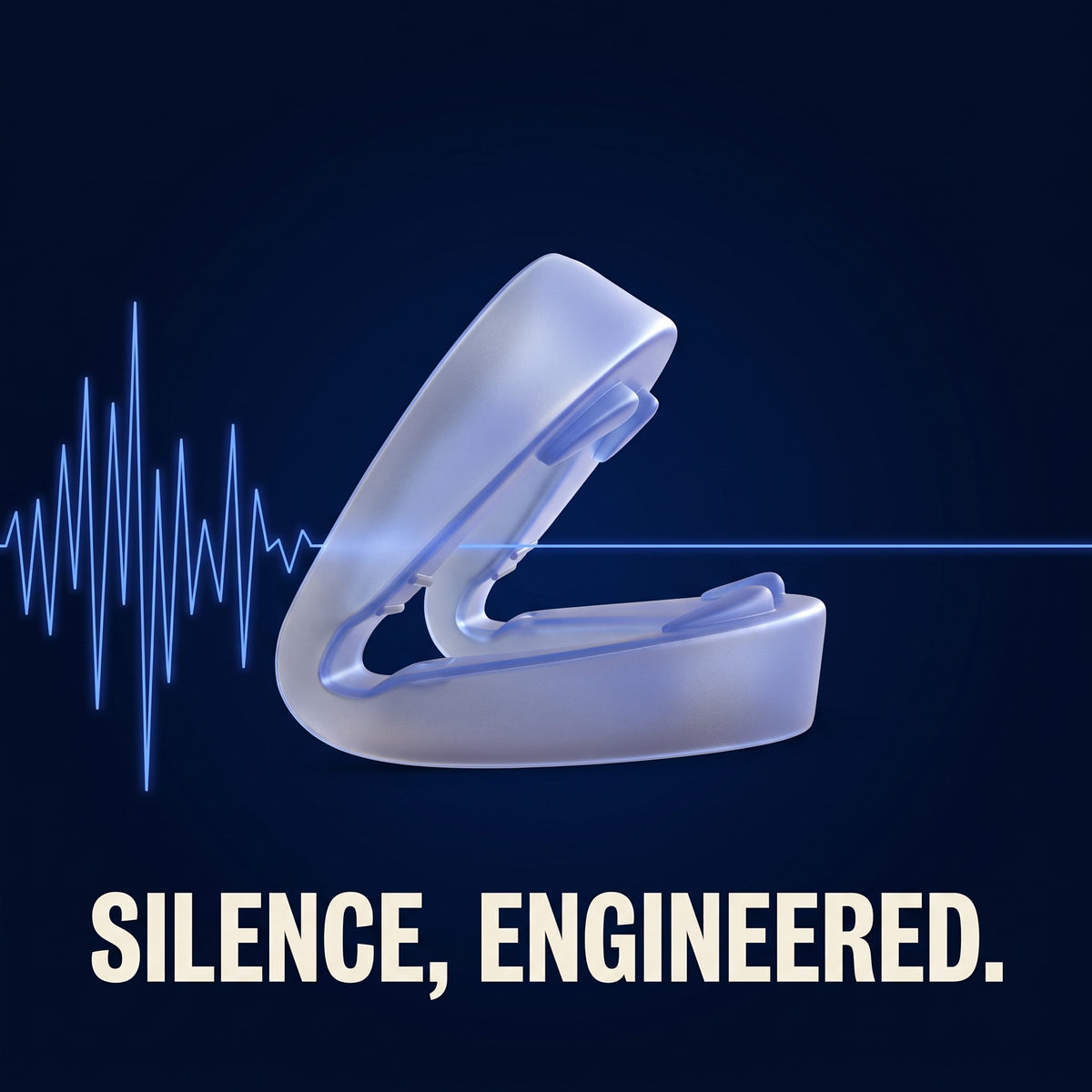 Sleepsound anti-snoring mouthpiece with a sound waveform flattening into silence