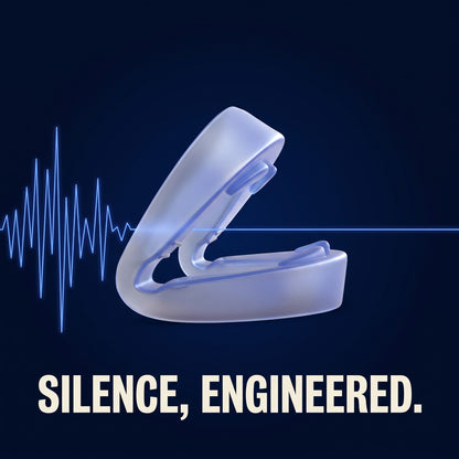 Sleepsound anti-snoring mouthpiece with a sound waveform flattening into silence